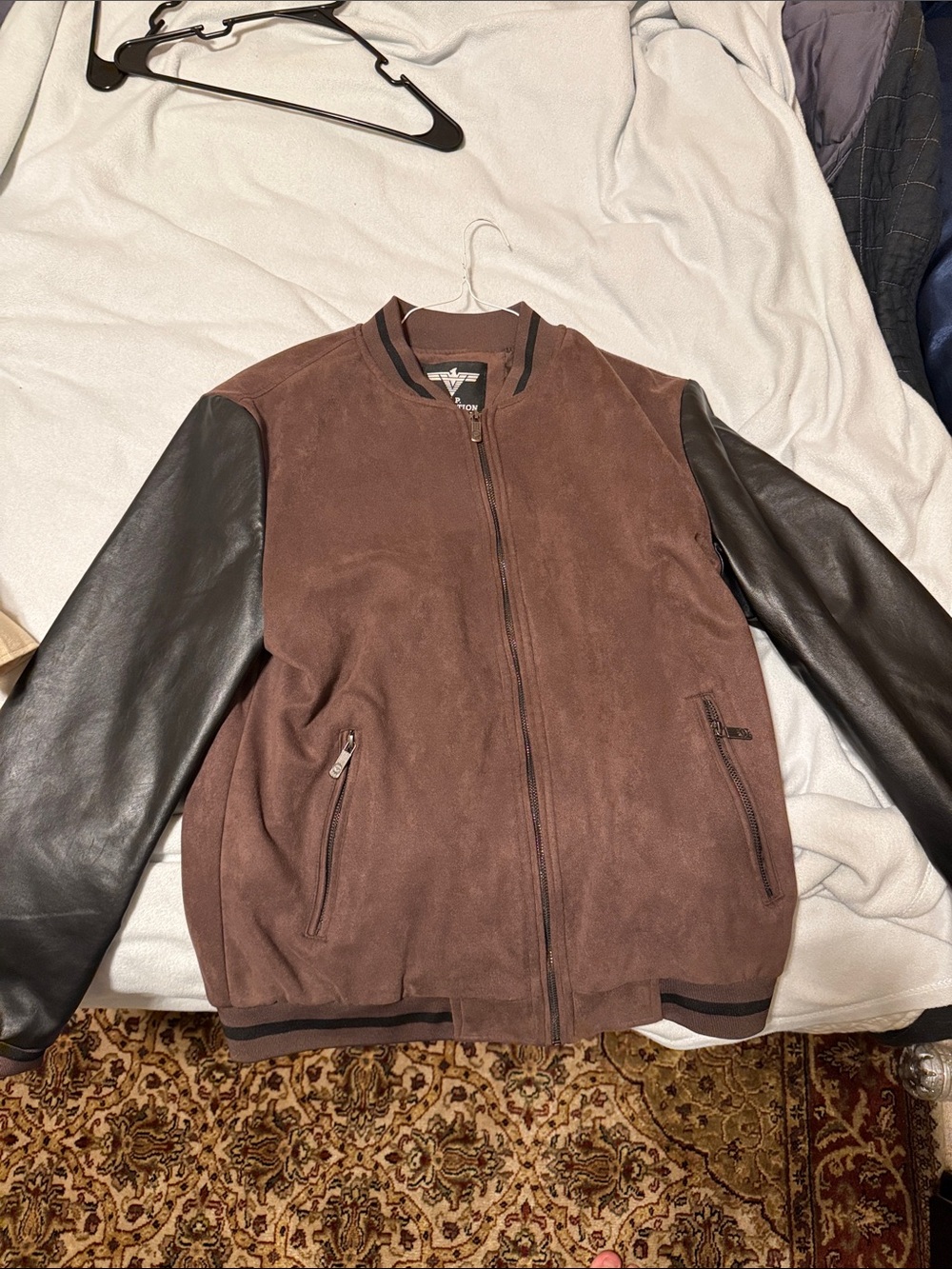 VIP Brown Suede Bomber Jacket with Black Leather Sleeves